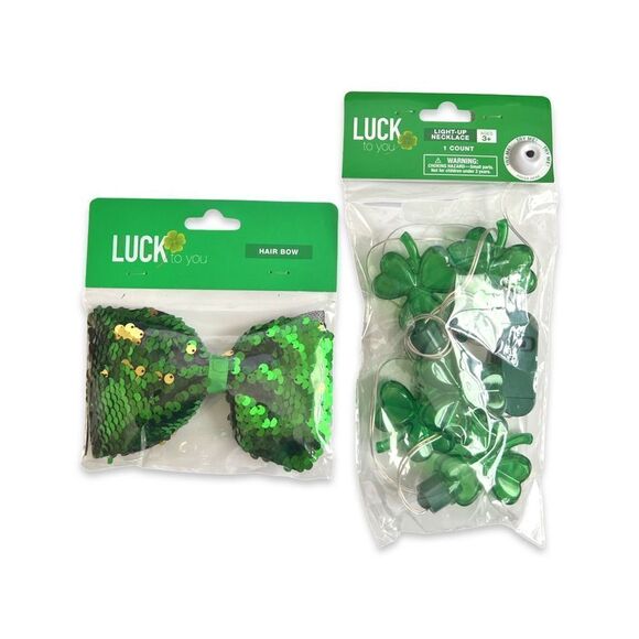 St. Patrick's Day Sequin Bow Tie Hair Bow and Light Up Clover Necklace Bundle - Picture 1 of 10
